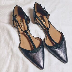🔥 Halogen pewter metallic leather pointed toe stud flats Sz 9.5